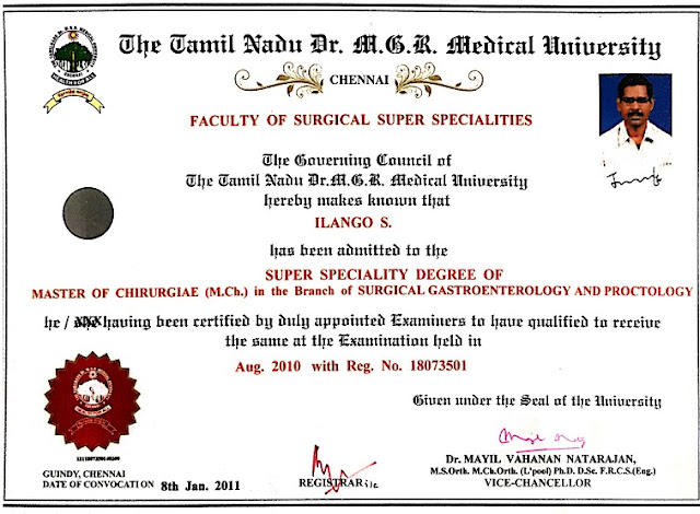 MCh degree in Surgical Gastroenterology from Tamilnadu Dr. MGR Medical University.